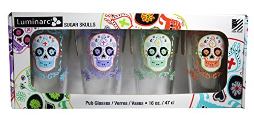 Sugar Skulls Assorted Decorated Pub Glasses (Set of 4), 16 oz, Clear