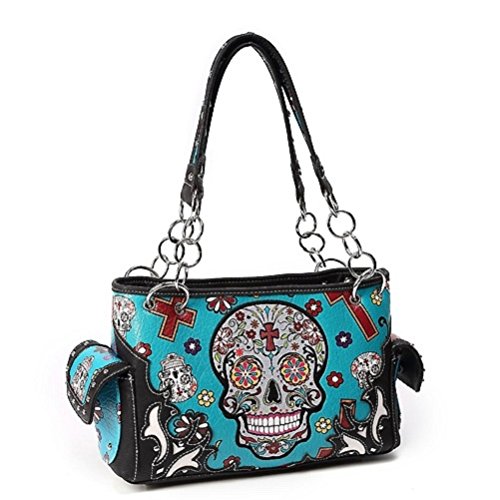 Sugar Skull Art Purse Handbag Shoulder Bag Wallet Set Turq