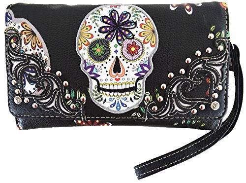 Sugar Skull Handbag Women's Shoulder Bag Wallet Set Black