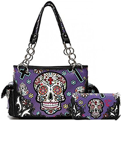 Sugar Skull Art Purse Handbag Shoulder Bag Wallet Set Purple