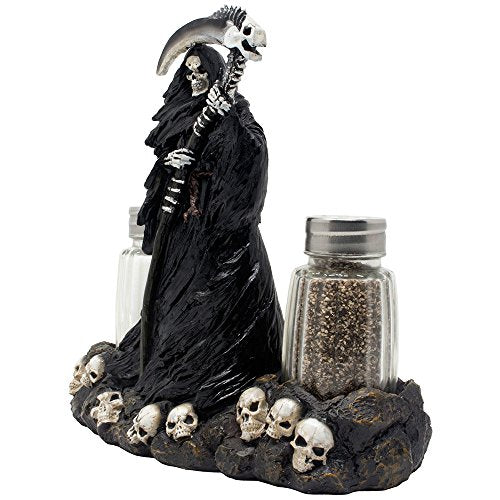 Grim Reaper Salt and Pepper Shaker Set with Display Stand Figurine of Skulls & Skeletons