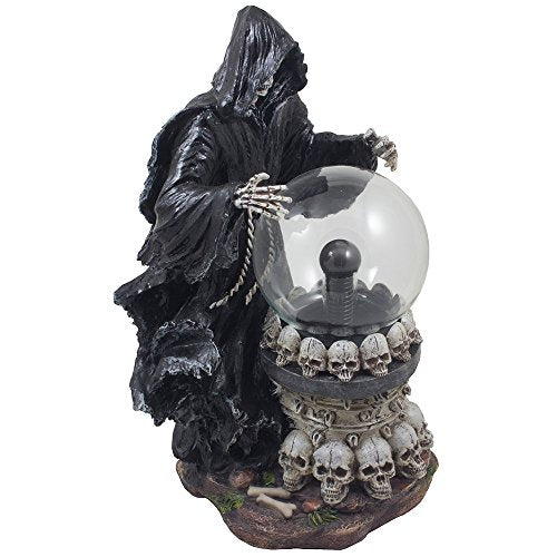 Evil Grim Reaper with Crystal Ball of Lightning Bolts on Pedestal of Skulls Statue and Decorative Table Lamp for Halloween Lighting Decorations & Scary Gothic Décor Lights As Spooky Fantasy Gifts