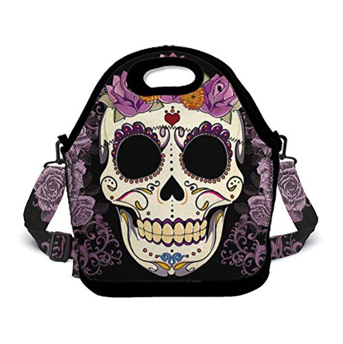 Lunch Tote Sugar Skull Floral Flowers Washable Lunchbox Bag, Cooler Travel Organizer, Women Men Non-Toxic Insulated Lunch Bag with 3D Shoulder Strap for School Office Picnic Gym