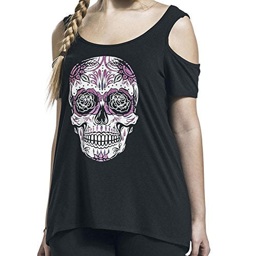Women's Casual Shoulder Off Skull Summer T-Shirt