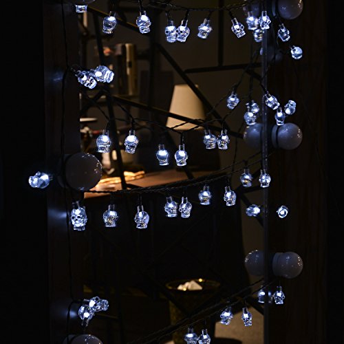 Solar Powered White Skull Lights String, 20ft 30 LED Cool Party Lights