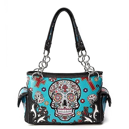 Sugar Skull Art Purse Handbag Shoulder Bag Wallet Set Turq