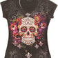 Sweet Gisele Sugar Skull V-Neck T Shirt Day of The Dead Rhinestones Bling for Women Black