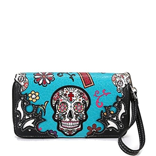 Sugar Skull Art Purse Handbag Shoulder Bag Wallet Set Turq