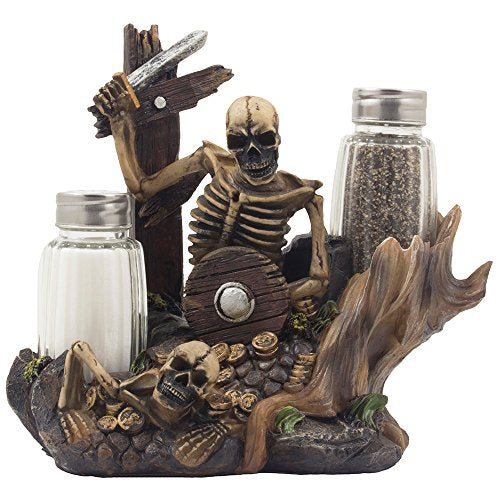 Skeleton Pirate Guarding Gold Treasure Salt and Pepper Shaker Set and Decorative Figurine Display Stand Holder for Halloween Decorations or Nautical Kitchen Table Decor As Gifts of Skulls & Skeletons