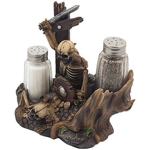 Skeleton Pirate Guarding Gold Treasure Salt and Pepper Shaker Set and Decorative Figurine Display Stand Holder for Halloween Decorations or Nautical Kitchen Table Decor As Gifts of Skulls & Skeletons
