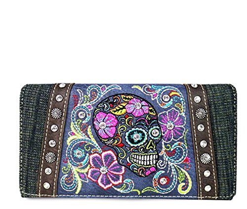 New! Secretary Style Denim Sugar Skull Wallet- Denim Turquoise