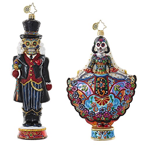 Day Of The Dead Sugar Skull Themed Figurine Glass Christmas Ornaments - Bundle Includes One La Novia Muerta & One Dia De Los Cracker Ornaments