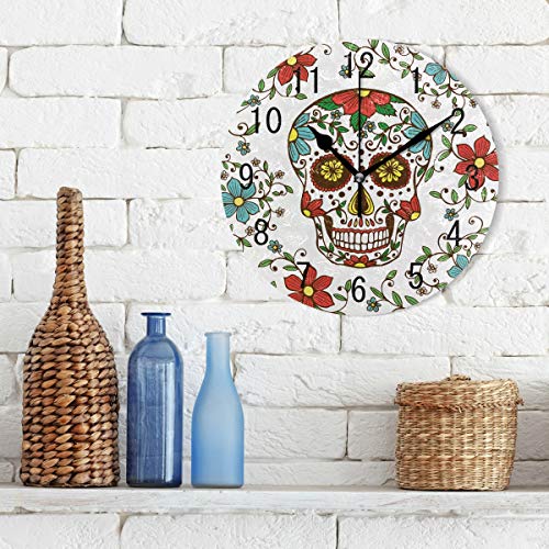 Home Decor Floral Sugar Skull Day of the Dead Round Acrylic Wall Clock