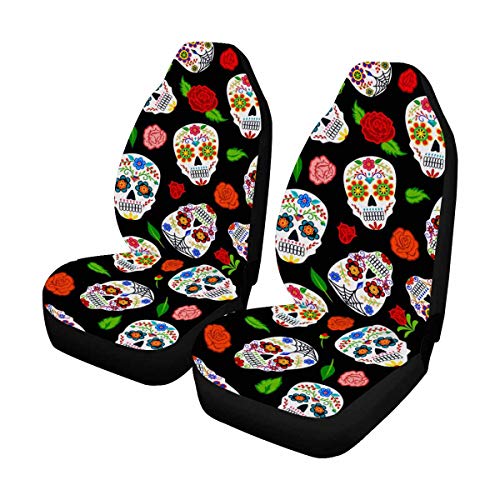 Mexican Dia Los Muertos Sugar Skulls Roses Front Car Seat Covers Set of 2
