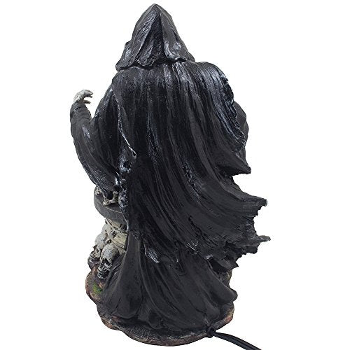 Evil Grim Reaper with Crystal Ball of Lightning Bolts on Pedestal of Skulls Statue and Decorative Table Lamp for Halloween Lighting Decorations & Scary Gothic Décor Lights As Spooky Fantasy Gifts