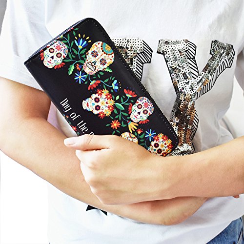 Sugar Skull Wallet for Women Clutch Zipper Credit Card Holder Case Gift Purse