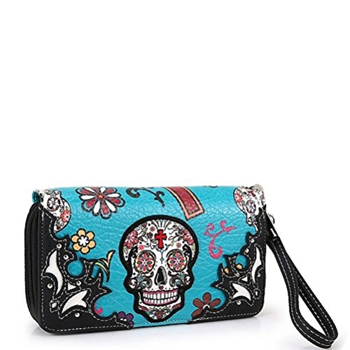 Sugar Skull Art Purse Handbag Shoulder Bag Wallet Set Turq