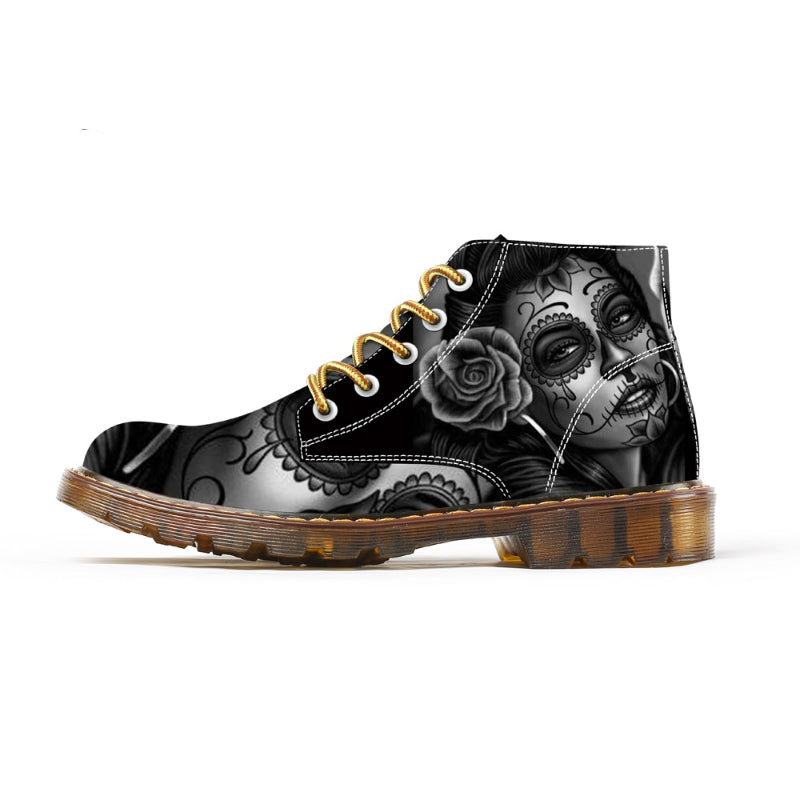 Fashion Witch Skull Shoes For Woman Lace-Up Black Ankle Booties For Women