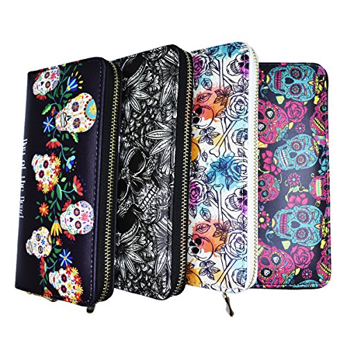 Sugar Skull Wallet for Women Clutch Zipper Credit Card Holder Case Gift Purse