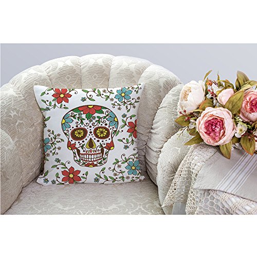 Day of The Dead Decorative Throw Pillow Cover Case,Colorful Skull with Floral Cotton Linen Outdoor Pillow cases Square Standard Cushion Covers For Sofa Couch Bed 18x18 inch Red Green