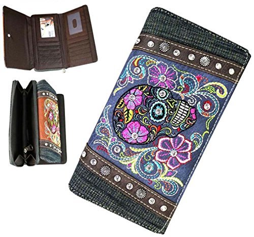 New! Secretary Style Denim Sugar Skull Wallet- Denim Turquoise