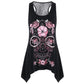 Womens Fashion Flowered Skull Printed Lace Back Tank Top O-Neck Blouse Vest