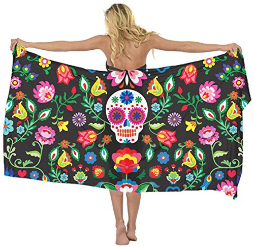 AMERICAN TANG Swimwear Cover up Beach Sarong Wrap Mexican Sugar Skulls Floral Scarf skirt