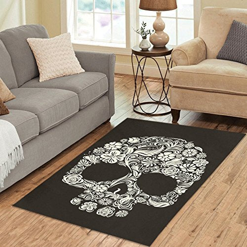 Sugar Skull Day Of The Dead Area Rug Floor Mat 5' x 3'3 , Floral Flower Black Mexican Style Throw Polyester Rayon Fiber Carpet Rugs for Home Living Room Bedroom Decor