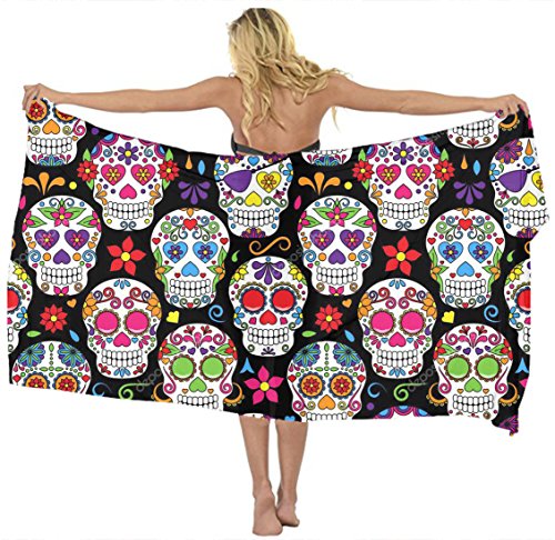 Scarf cover up Day Of The Dead Sugar Skull black Beach Sarong Wrap Scarf