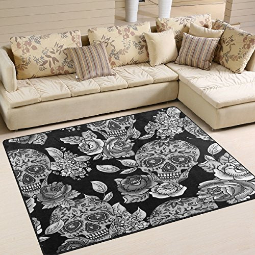 Monochrome Floral Sugar Skull Day of the Dead Area Rug Rugs for Living Room Bedroom