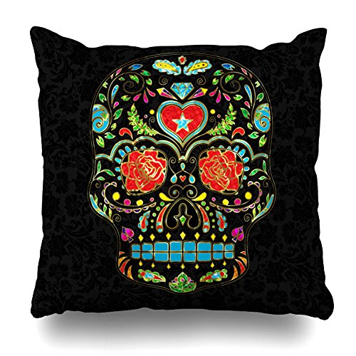 Decorativepillows Covers 18 x 18 inch Throw Pillow Covers,Colorful Floral Sugar Skull Glitter And Gold Pattern Double-sided Decorative Home Decor Pillowcase Garden Sofa Bedroom Car