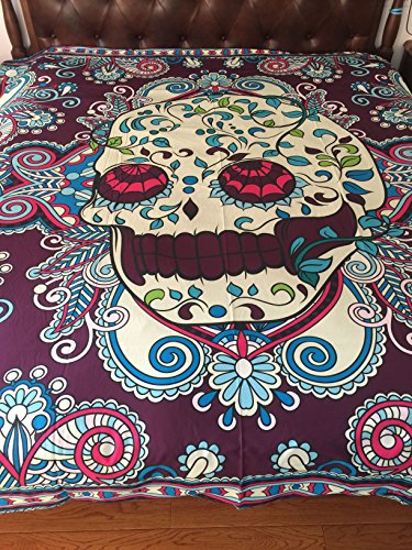 A Anoleu Purple Skull Combined with Paisley Design Printed Skull Bedding Set 3Pc, Reverse Comfortable Solid Purple Cotton Queen Size(Queen)