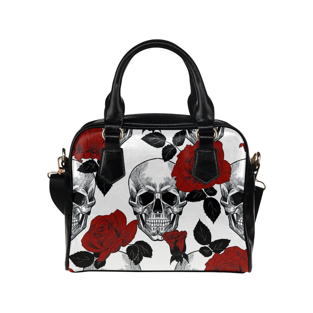 Skull and Red Roses PU Leather Shoulder Handbag Bag for Women Girls with Extender Strap