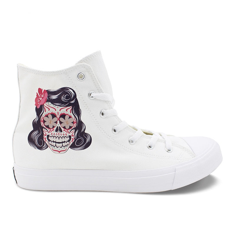 Original Design Skull Series Shoes Tattoo Totem Red Rose Flower Women Men's Casual Canvas Sneakers White Black High Tops