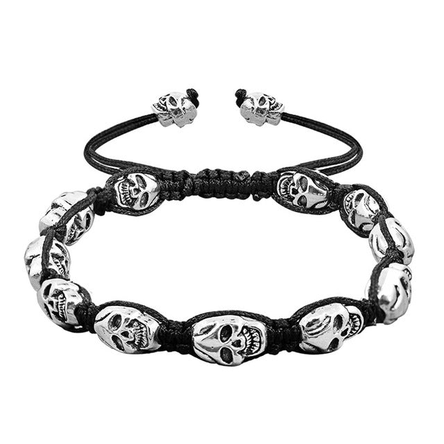 Smile Skull Skeleton Bead Bracelets Strand Vintage Boho Antique Silver Plated Handmade Rope Woven Craft Fashion Jewelry