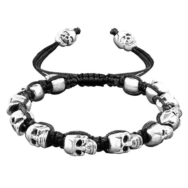 Smile Skull Skeleton Bead Bracelets Strand Vintage Boho Antique Silver Plated Handmade Rope Woven Craft Fashion Jewelry