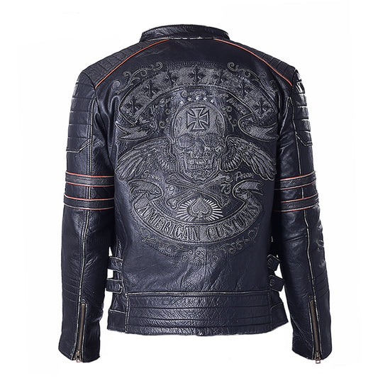 Factory Genuine Cow Skin Skull Leather Motorcycle Jacket Men's Leather