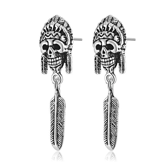 925 Sterling Silver Earrings For Men Indian Vintage Punk Skull Long Stud Silver Mens Earrings Fashion Jewelry