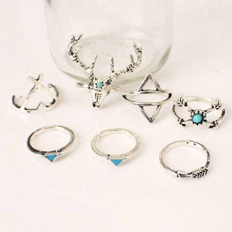 7 pcs/set Vintage Gypsies Beach Elk Dear Head Triangle Drip Arrow Joint Midi Finger Rings Set  8CRD41