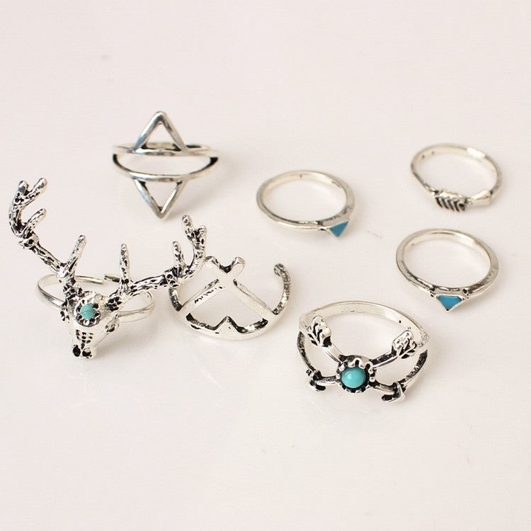 7 pcs/set Vintage Gypsies Beach Elk Dear Head Triangle Drip Arrow Joint Midi Finger Rings Set  8CRD41