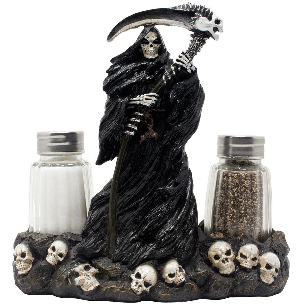Grim Reaper Salt and Pepper Shaker Set with Display Stand Figurine of Skulls & Skeletons