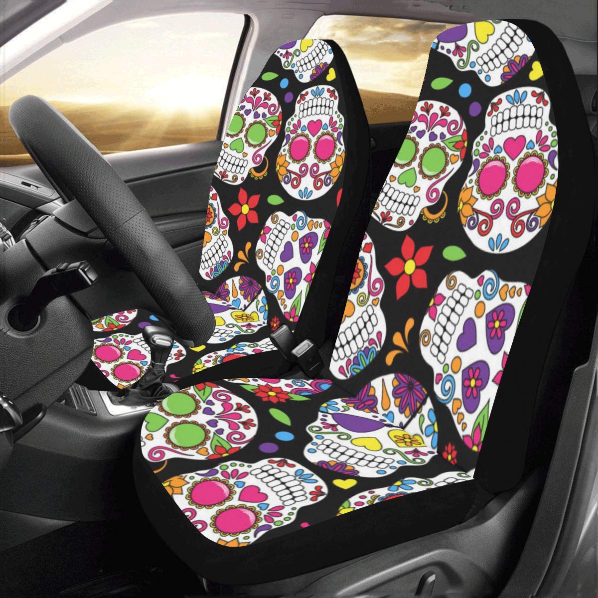 Set of 2 Sugar Skull Fabric Car Seat Covers