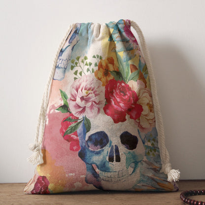 Floral skull Drawstring Bag, Sugar skull Bag Shoulder bag