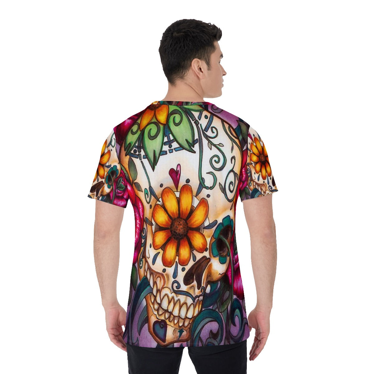 Day of the dead Men's O-Neck T-Shirt, Sugar skull floral tshirt, Gothic Halloween costume