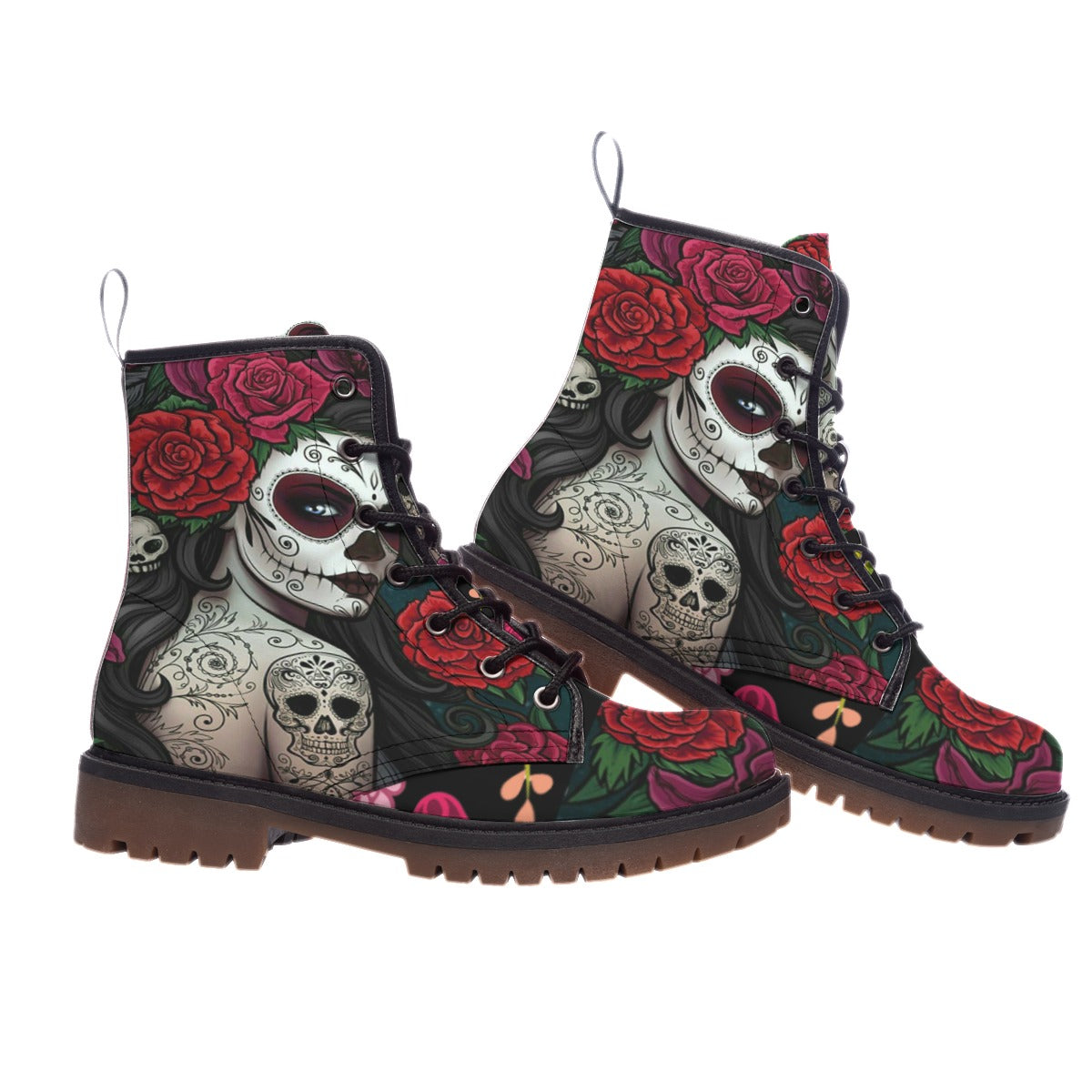 Sugar skull floral girl Women's Martin Short Boots, Day of the dead women's boots