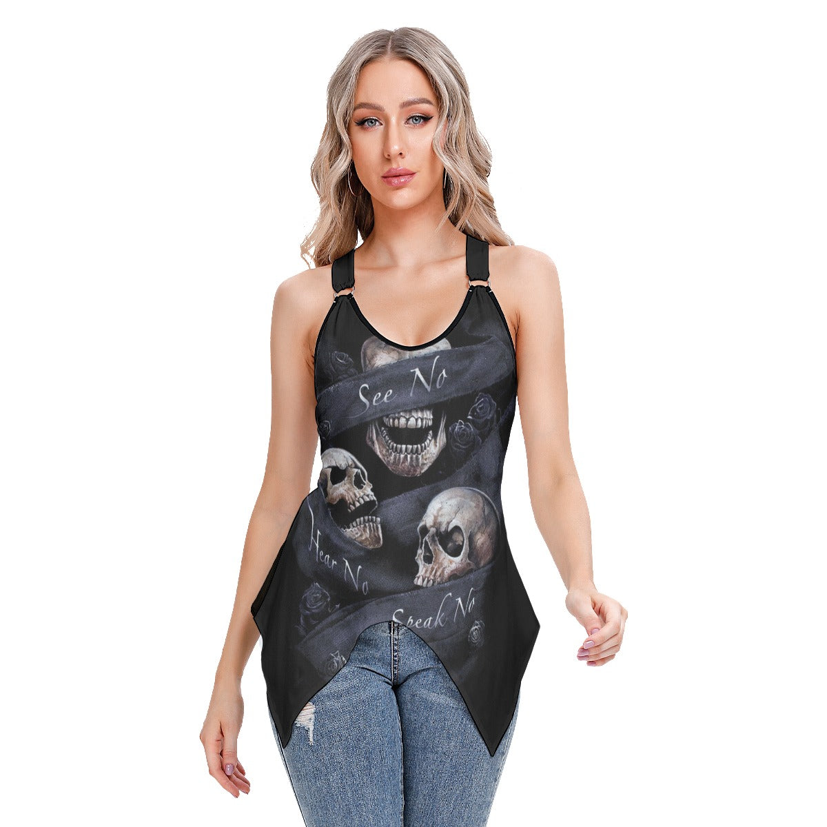 No see no hear no speak skulls evils halloween Women's Skinny Sport Tank Top