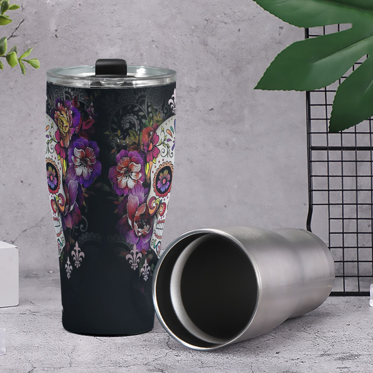 Floral sugar skull Tumbler 30oz