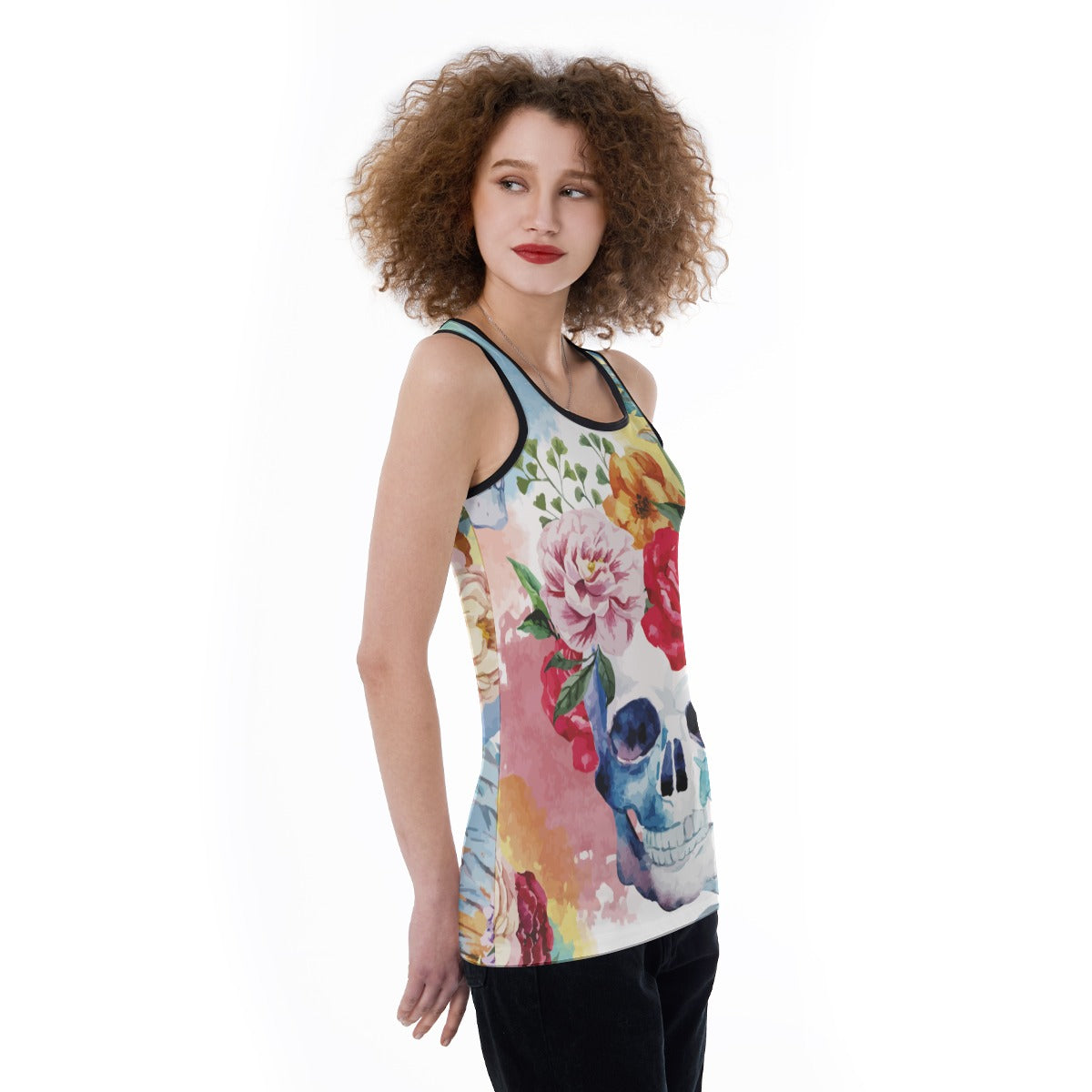 Skull floral Women's Back Hollow Tank Top, Sugar skull tank top, sugar skull shirt