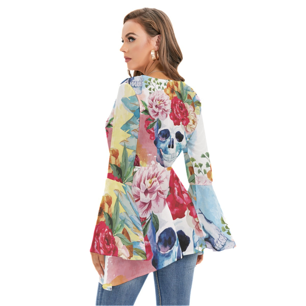 Floral sugar skull Women's V-neck Blouse With Flared Sleeves