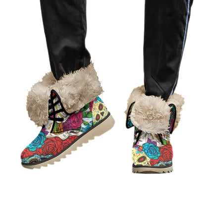 Floral sugar skull day of the dead Women's Plush Boots